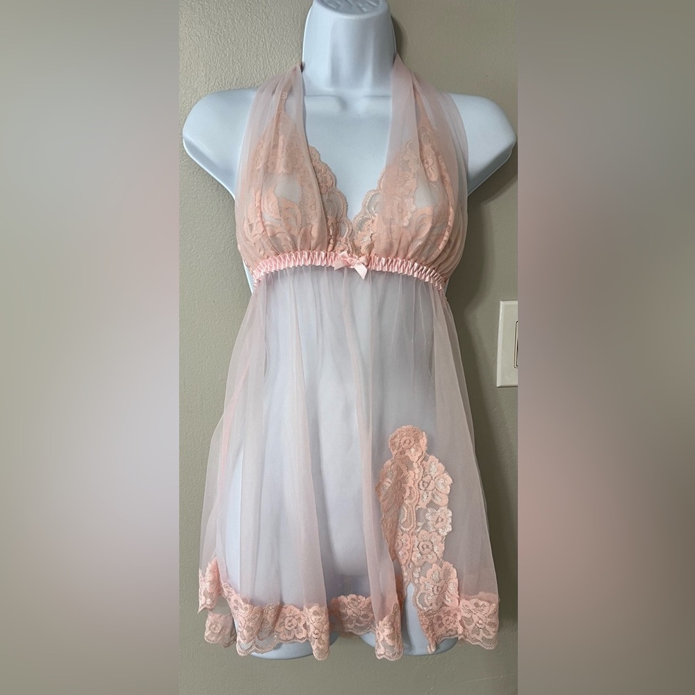 Frederick’s of Hollywood Pink Sheer Lace Halter Babydoll Lingerie Large